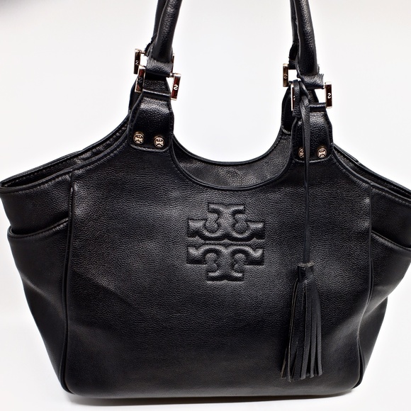 TORY BURCH~thea round tote~TASSELED LARGE HOBO BAG in BLACK PEBBLED LEATHER - Picture 1 of 9